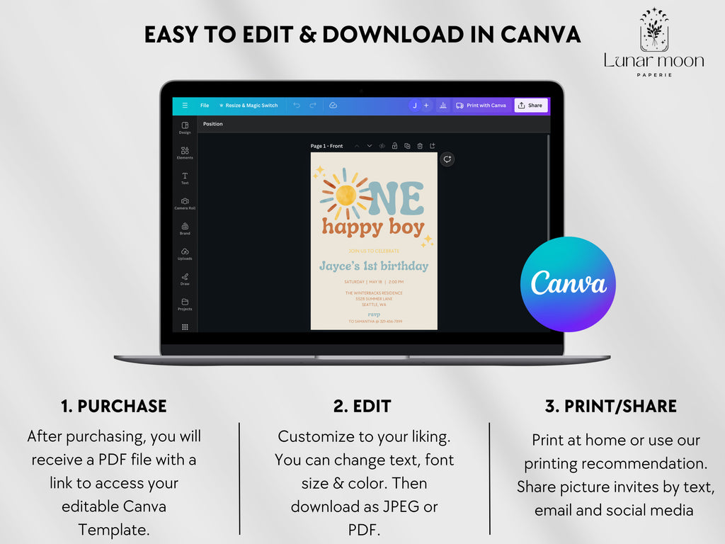 First Trip Around The Sun - One Happy Boy Birthday Invitation - Digital Download