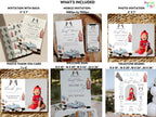 Collection of birthday party invitations, thank you cards, and signs with a baby theme.