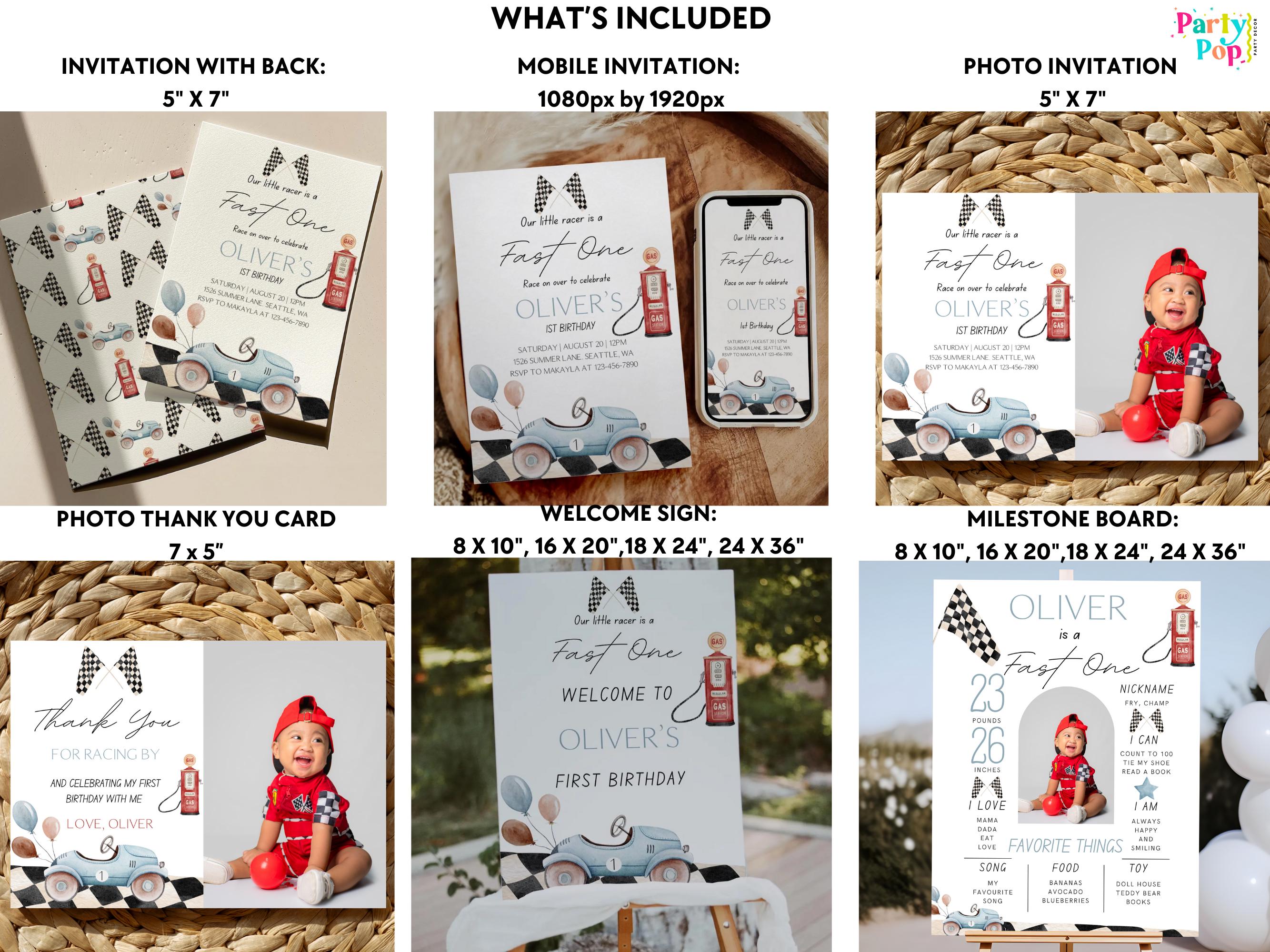 Collection of birthday party invitations, thank you cards, and signs with a baby theme.
