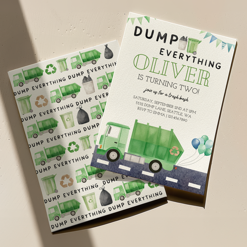 Two birthday party invitations with green truck designs on a beige background