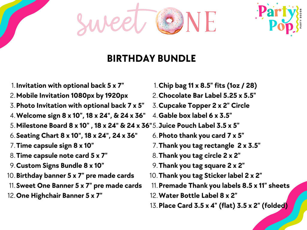Sweet One 1st Birthday Bundle - Sweets Themed Birthday Supplies - Digital Download