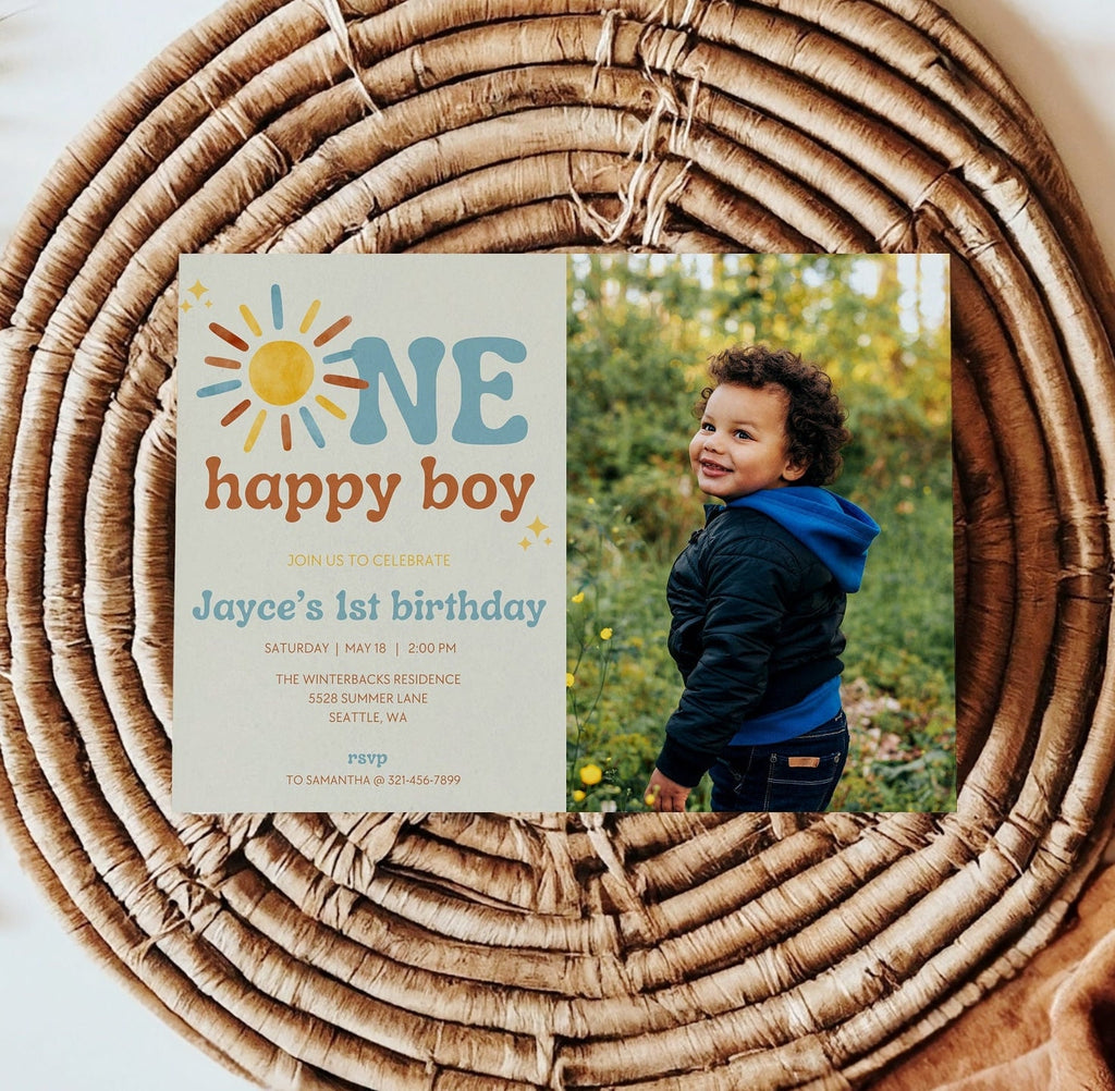 One Happy Boy 1st Birthday Photo Invitation - Digital Download
