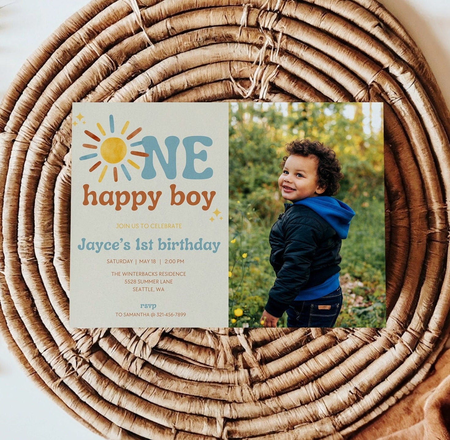 One Happy Boy 1st Birthday Photo Invitation - Digital Download