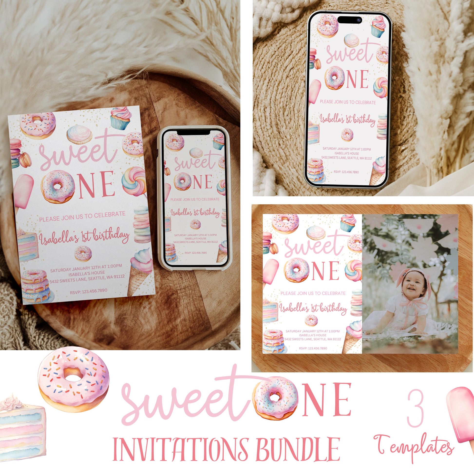 Sweet One 1st Birthday Bundle - Sweets Themed Birthday Supplies - Digital Download