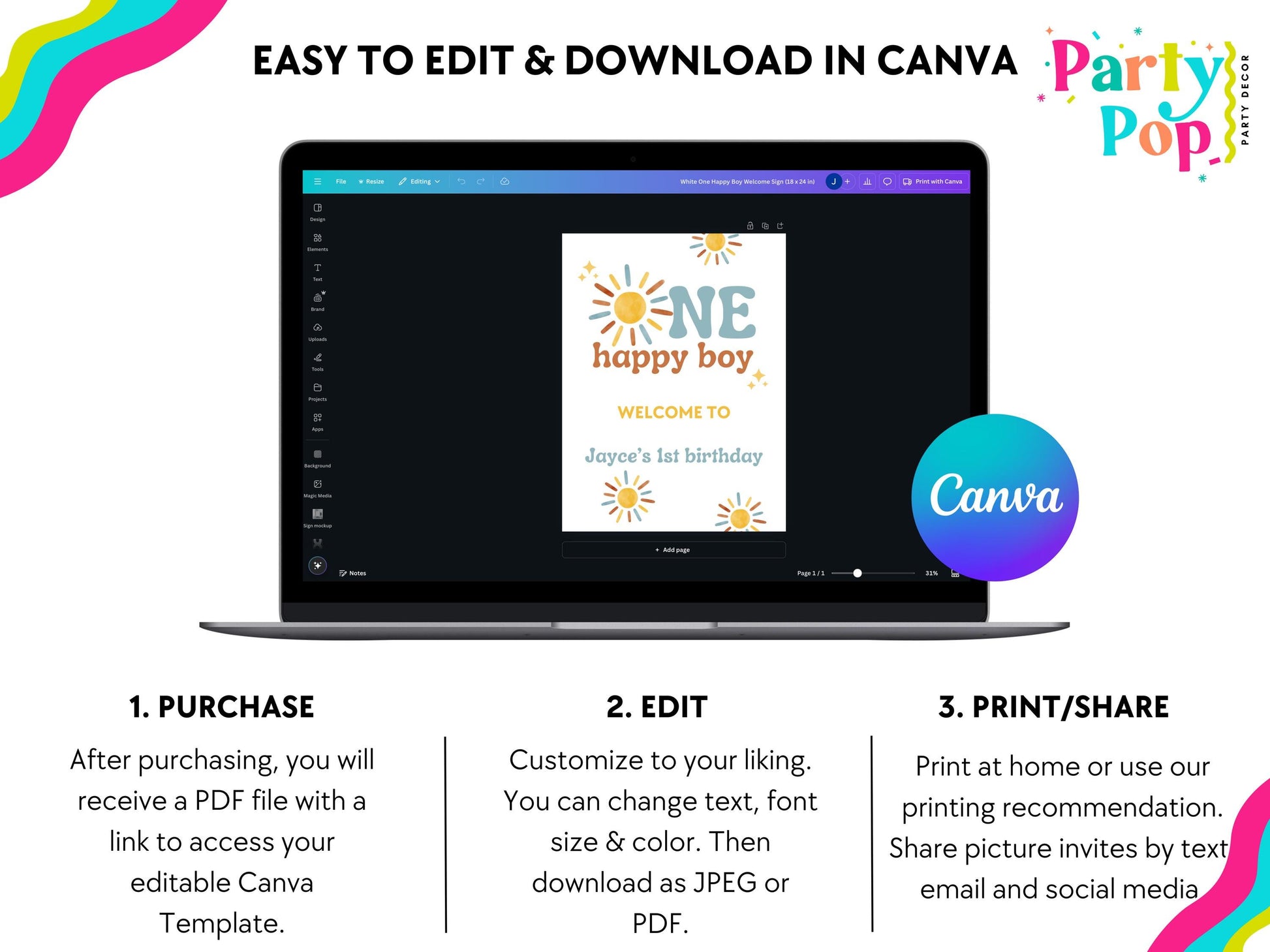 One Happy Boy 1st Birthday Welcome Sign  - Boho Sunshine Theme - Digital Download