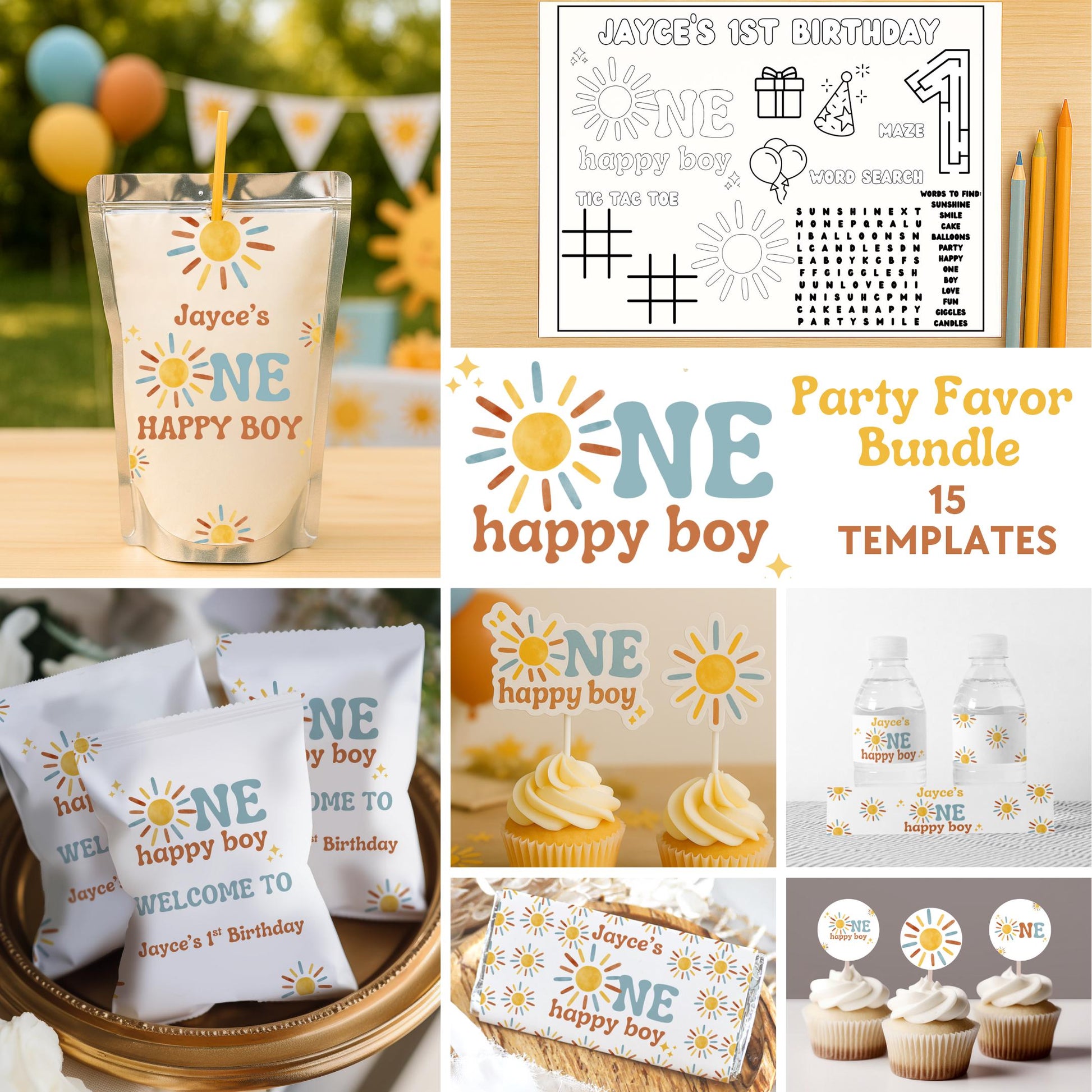 One Happy Boy Birthday Bundle - First Trip Around The sun Party Favors - Sunshine Theme - Digital Download