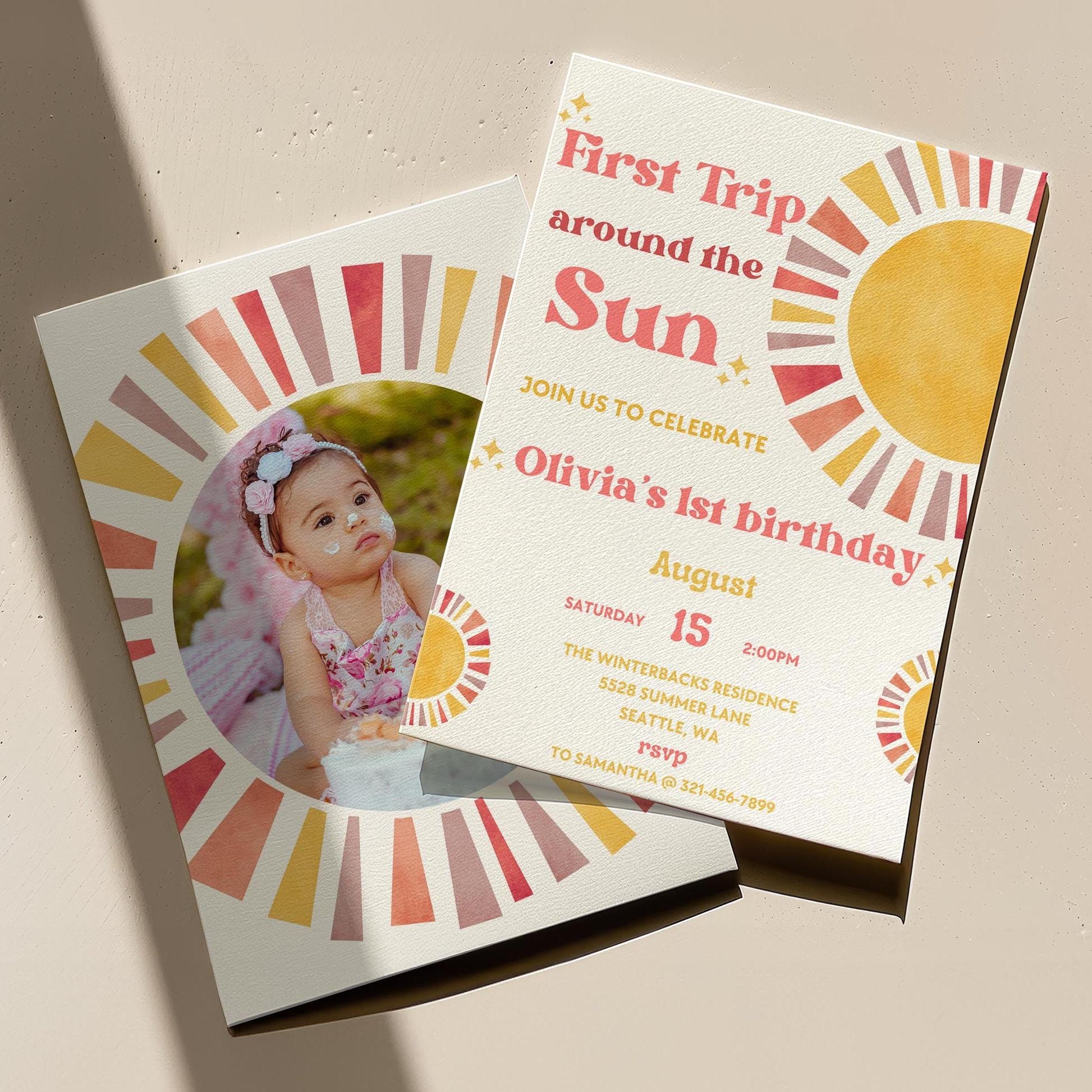 First Trip Around The Sun Birthday Invitation | 1st Birthday Invitation | Boho Theme | 1st Birthday Girl | Editable Template