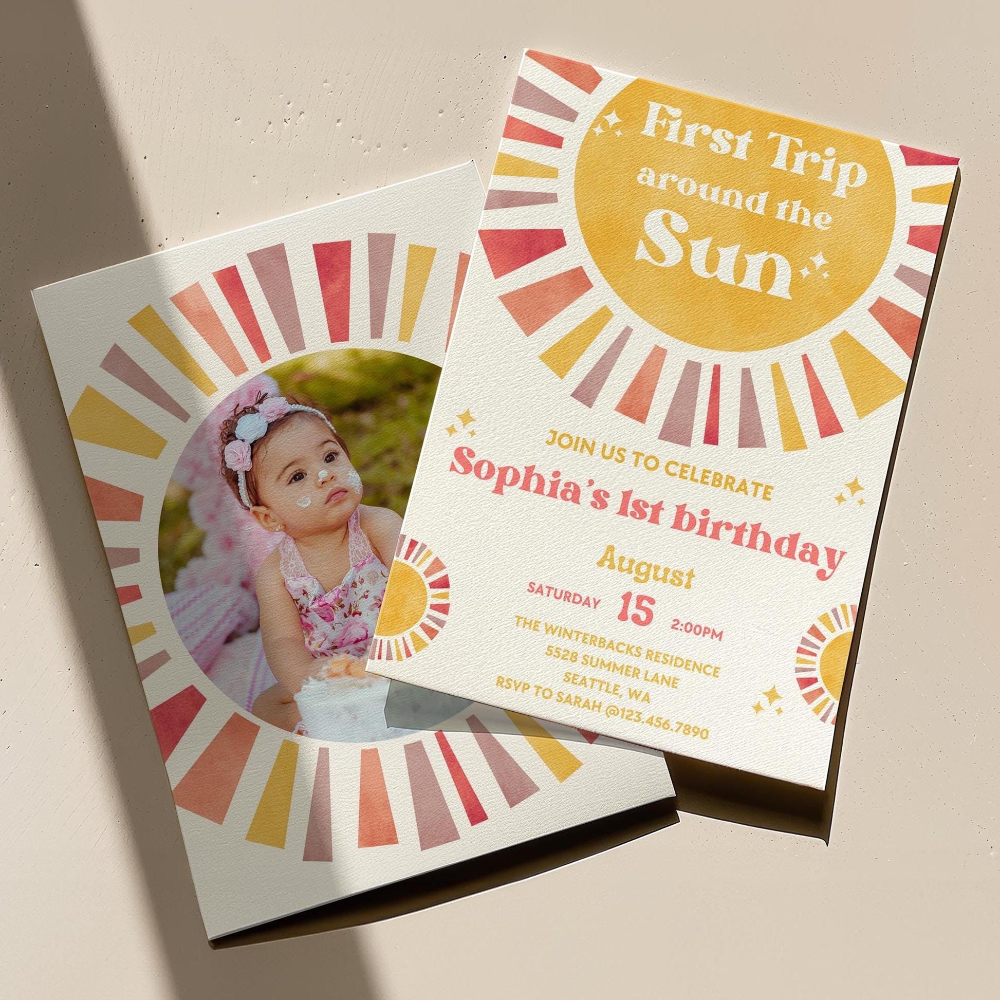 First Trip Around The Sun Birthday Invitation | 1st Birthday Invitation | Boho Theme | 1st Birthday Girl | Editable Template