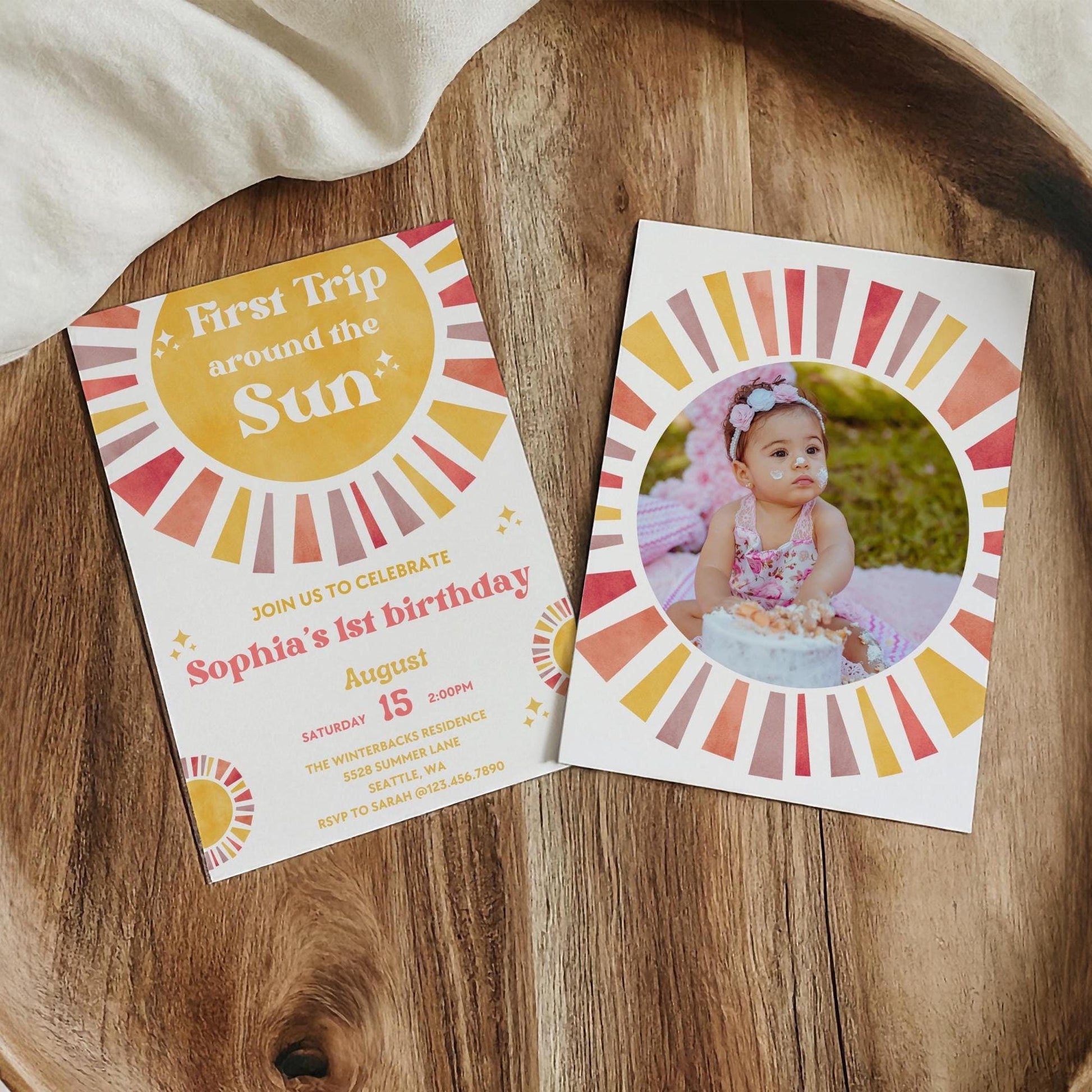 First Trip Around The Sun Birthday Invitation | 1st Birthday Invitation | Boho Theme | 1st Birthday Girl | Editable Template