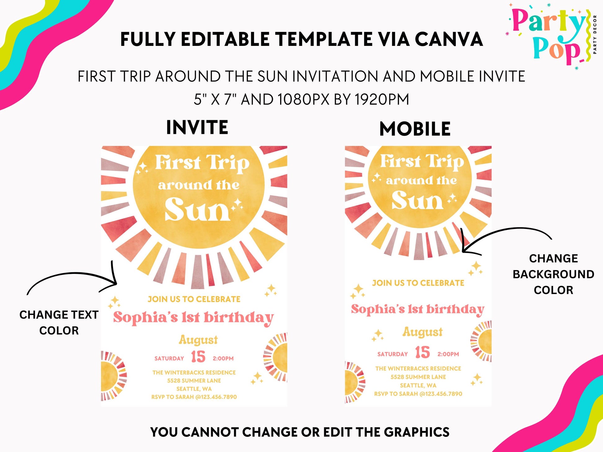First Trip Around The Sun Birthday Invitation | 1st Birthday Invitation | Boho Theme | 1st Birthday Girl | Editable Template