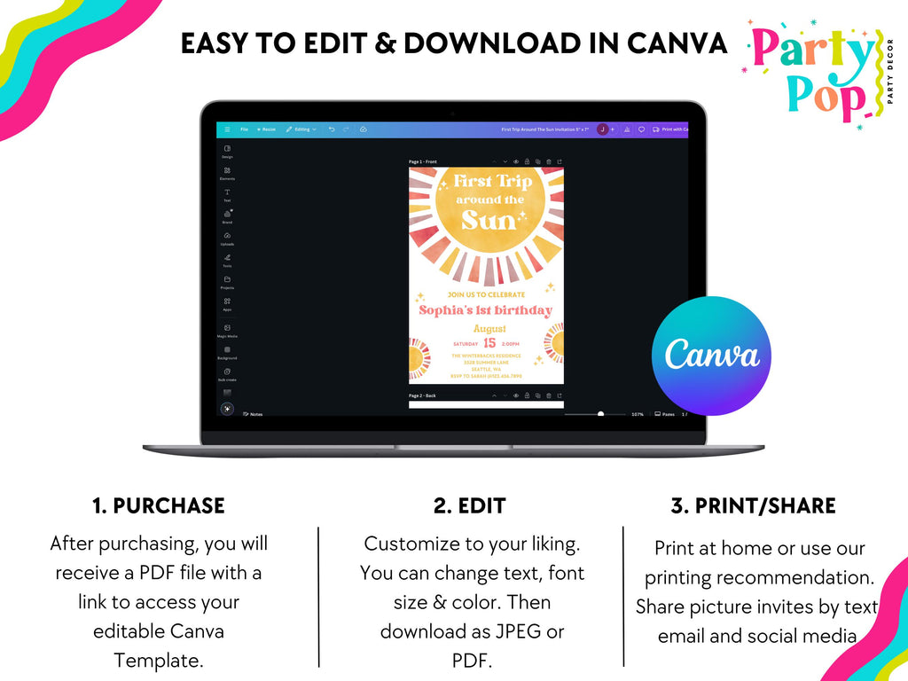 First Trip Around The Sun Birthday Invitation | 1st Birthday Invitation | Boho Theme | 1st Birthday Girl | Editable Template