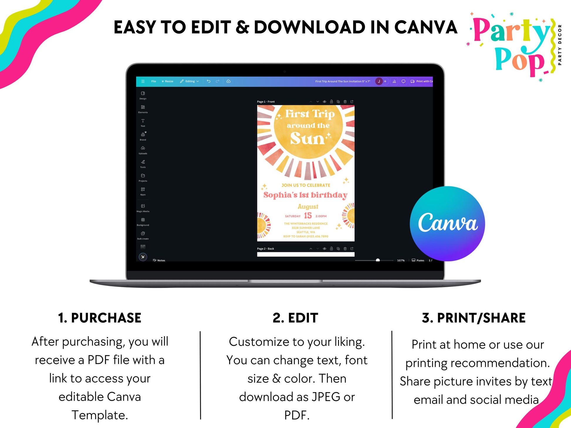 First Trip Around The Sun Birthday Invitation | 1st Birthday Invitation | Boho Theme | 1st Birthday Girl | Editable Template