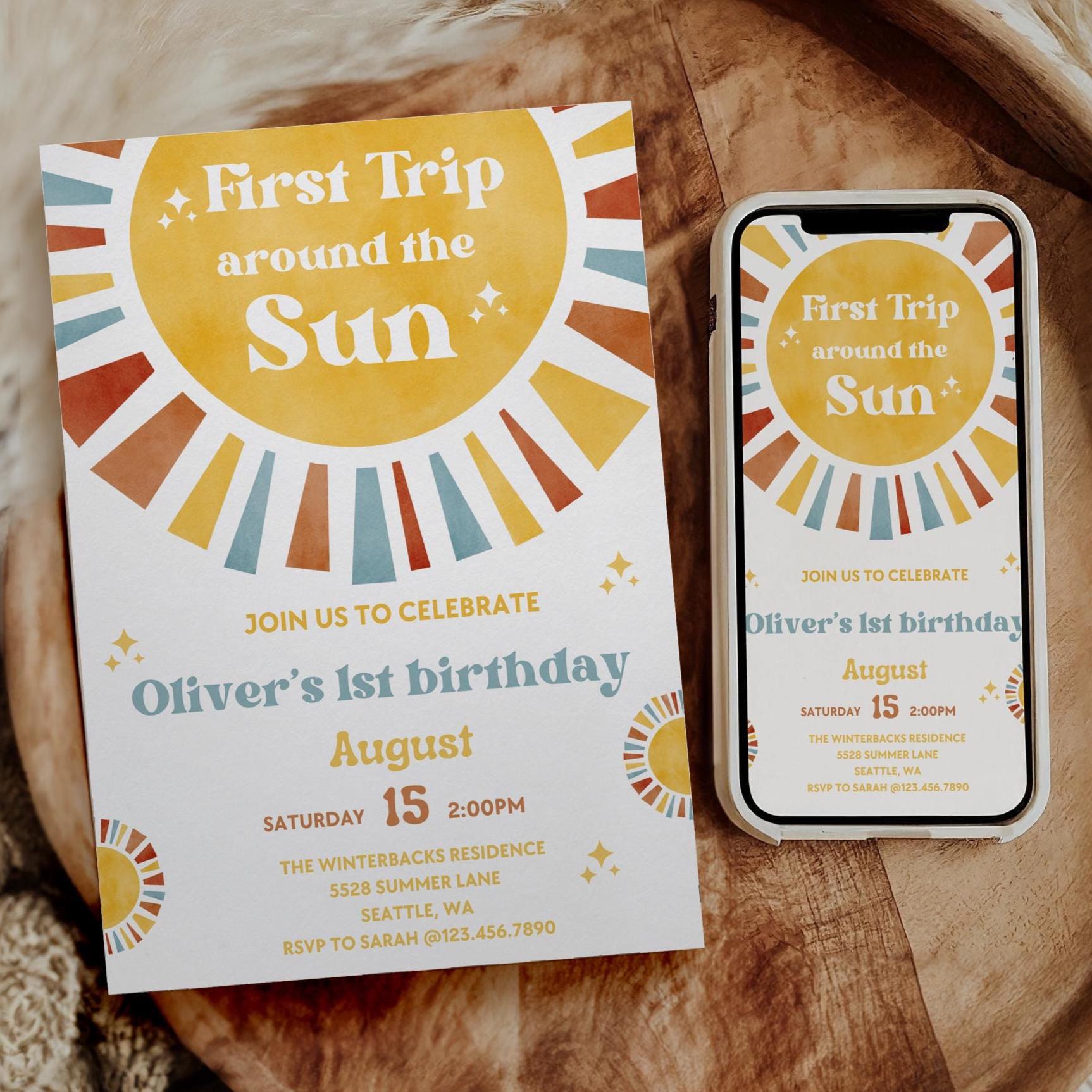 First Trip Around The Sun Birthday Invitation | One Happy Boy Birthday | 1st Birthday | Phone Invite | Editable | 1st Birthday Invitation