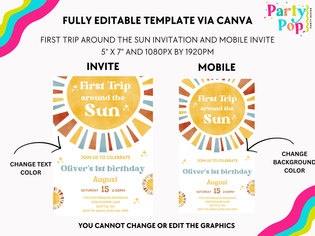 First Trip Around The Sun Birthday Invitation | One Happy Boy Birthday | 1st Birthday | Phone Invite | Editable | 1st Birthday Invitation