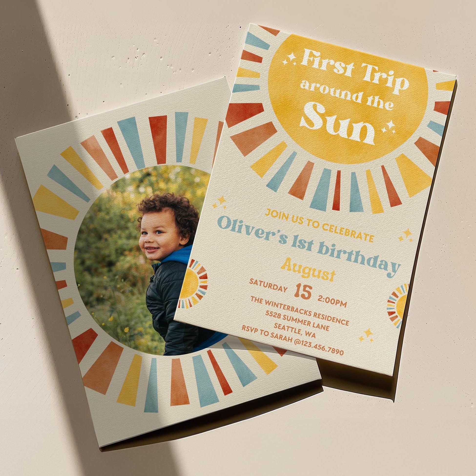 First Trip Around The Sun Birthday Invitation | One Happy Boy Birthday | 1st Birthday | Phone Invite | Editable | 1st Birthday Invitation