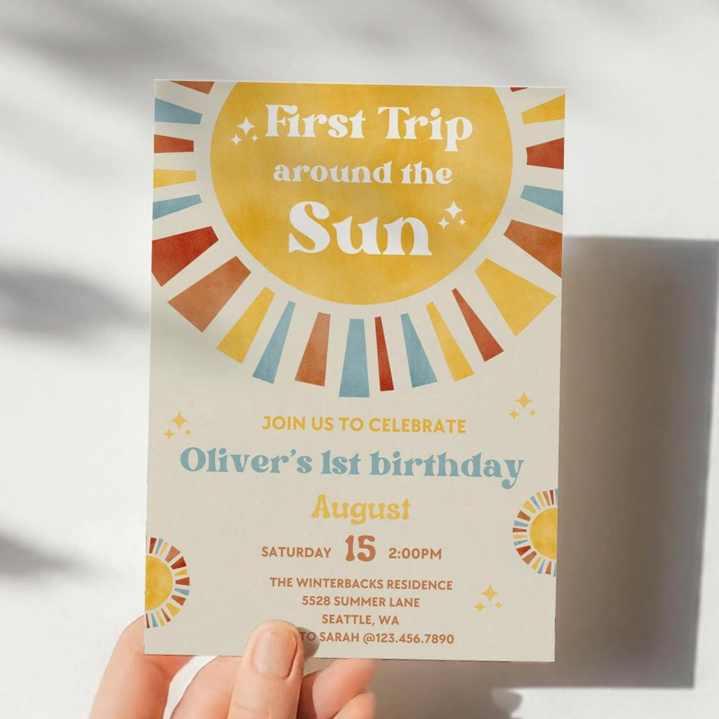 First Trip Around The Sun Birthday Invitation | One Happy Boy Birthday | 1st Birthday | Phone Invite | Editable | 1st Birthday Invitation