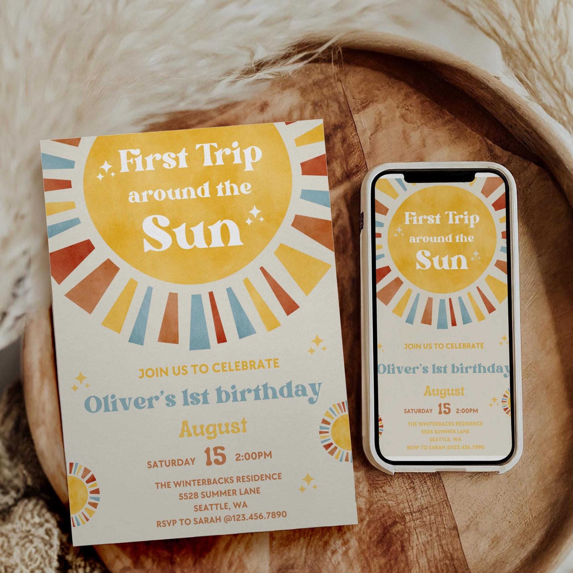 First Trip Around The Sun Birthday Invitation | One Happy Boy Birthday | 1st Birthday | Phone Invite | Editable | 1st Birthday Invitation