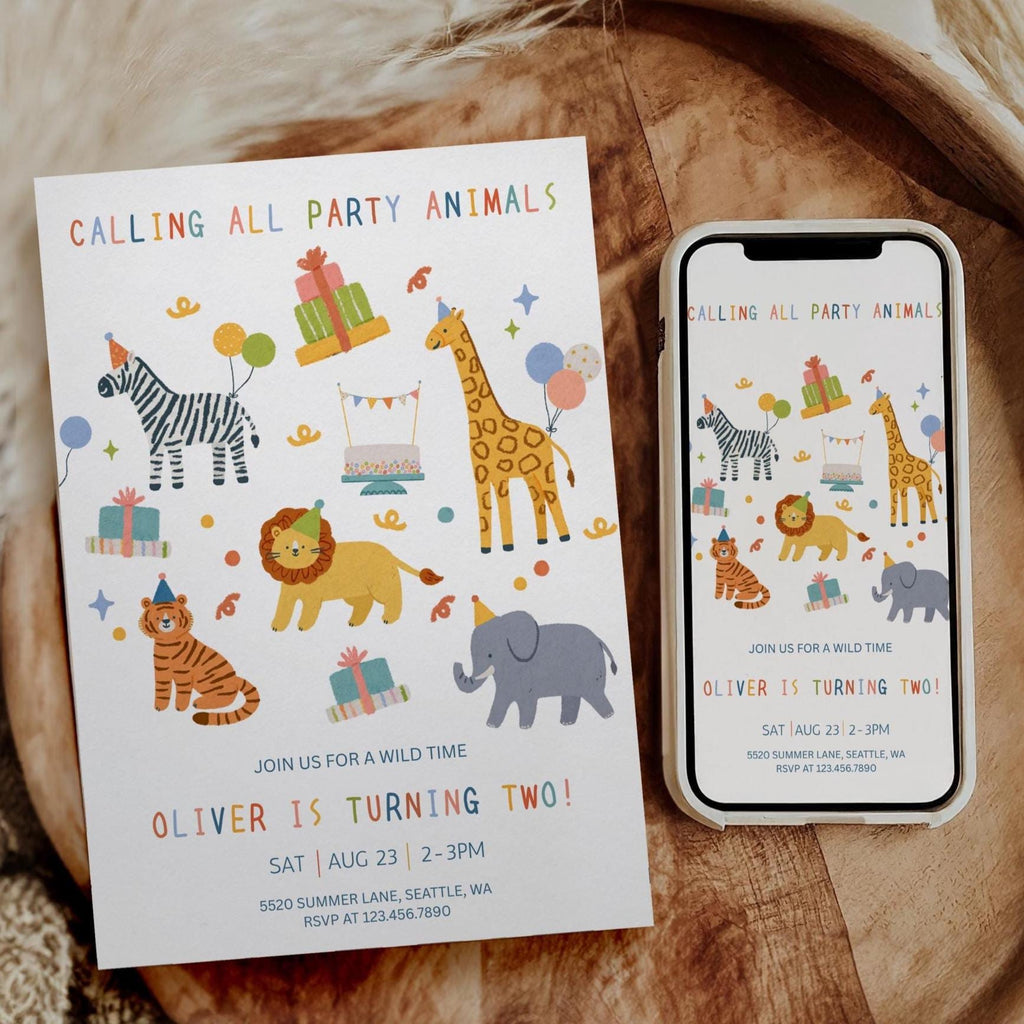 Party Animals Birthday Invitation | Safari Birthday Invitation | First Birthday Invitation | Calling All Party Animals Invite | Editable