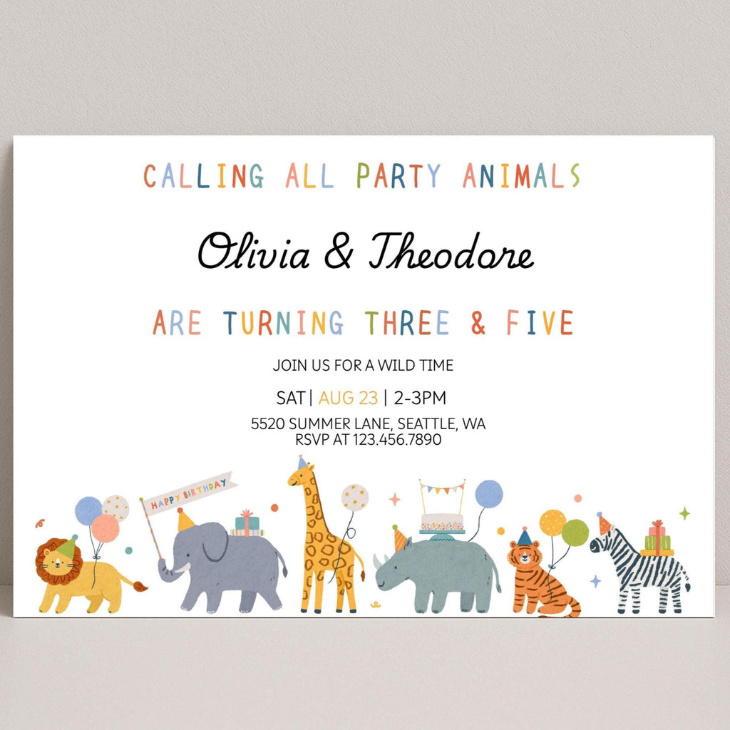 Party Animals Birthday Invitation | Safari Birthday Invitation | Sibling Birthday Invitation | Calling All Party Animals Invite | Editable