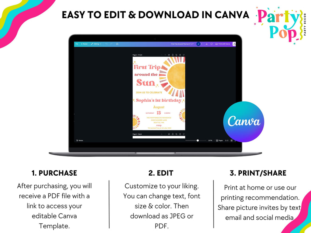 First Trip Around The Sun Birthday Invitation | 1st Birthday Invitation | Boho Theme | 1st Birthday Girl | Editable Template