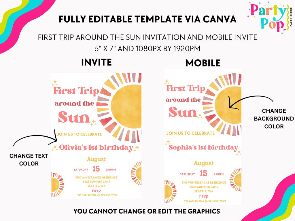 First Trip Around The Sun Birthday Invitation | 1st Birthday Invitation | Boho Theme | 1st Birthday Girl | Editable Template