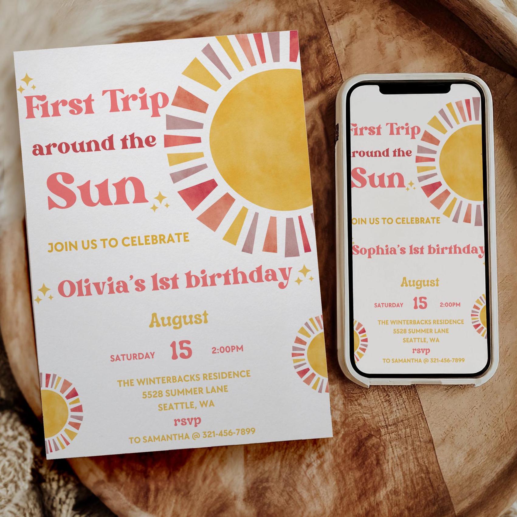 First Trip Around The Sun Birthday Invitation | 1st Birthday Invitation | Boho Theme | 1st Birthday Girl | Editable Template