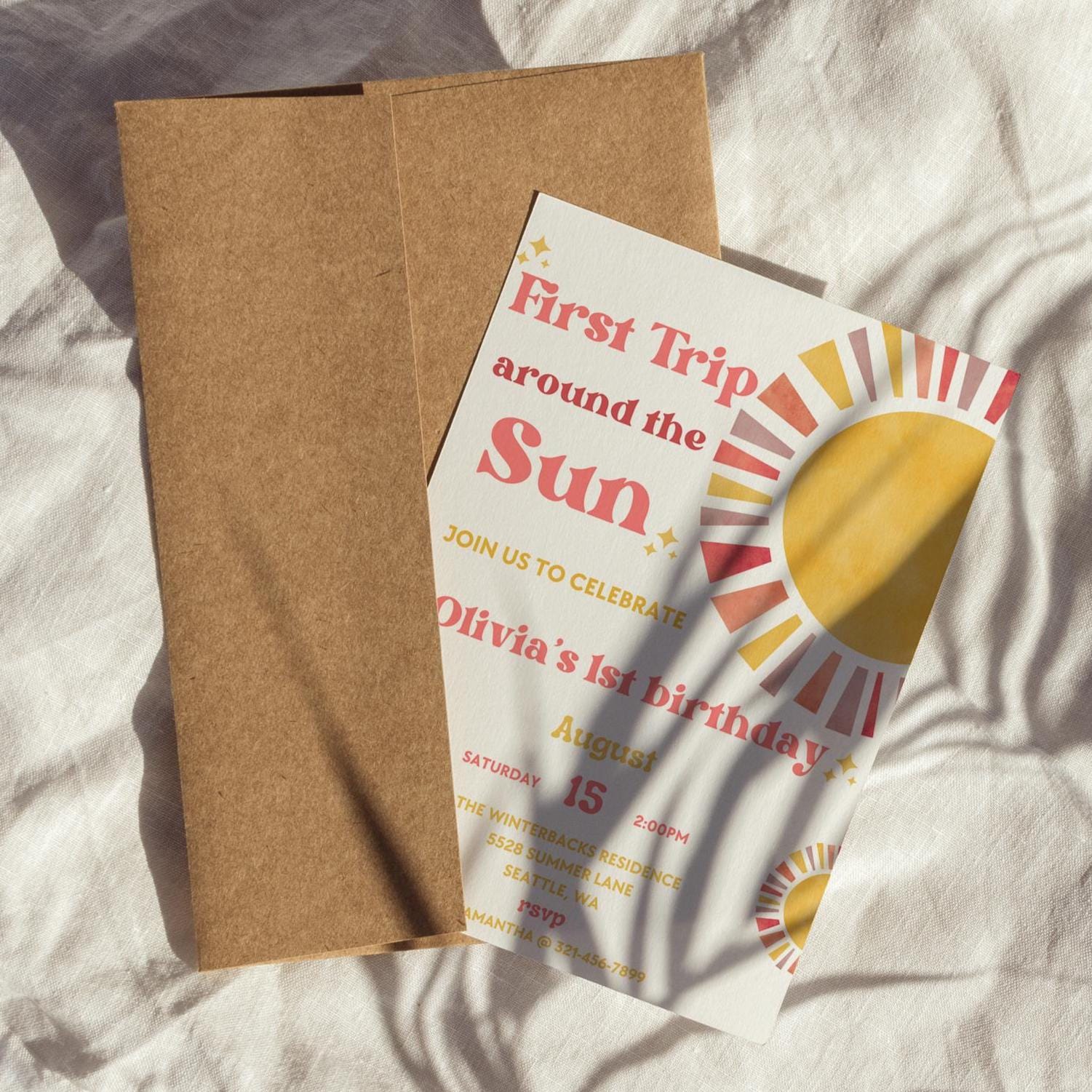First Trip Around The Sun Birthday Invitation | 1st Birthday Invitation | Boho Theme | 1st Birthday Girl | Editable Template