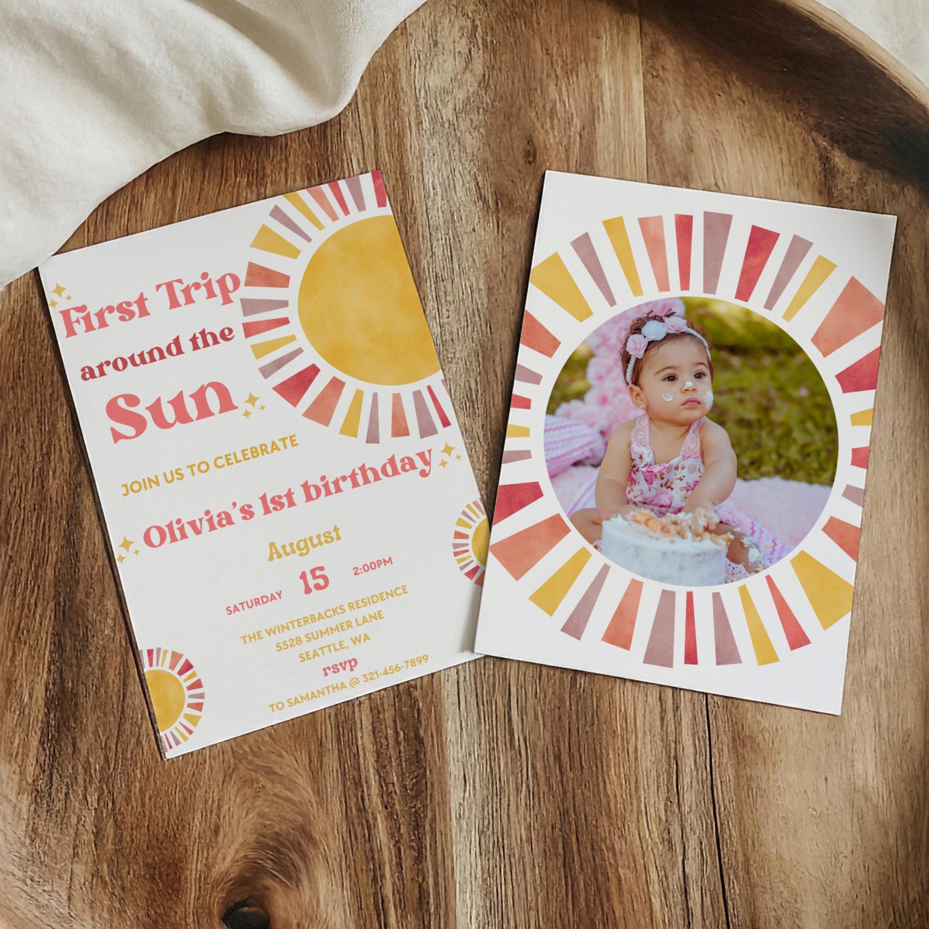 First Trip Around The Sun Birthday Invitation | 1st Birthday Invitation | Boho Theme | 1st Birthday Girl | Editable Template