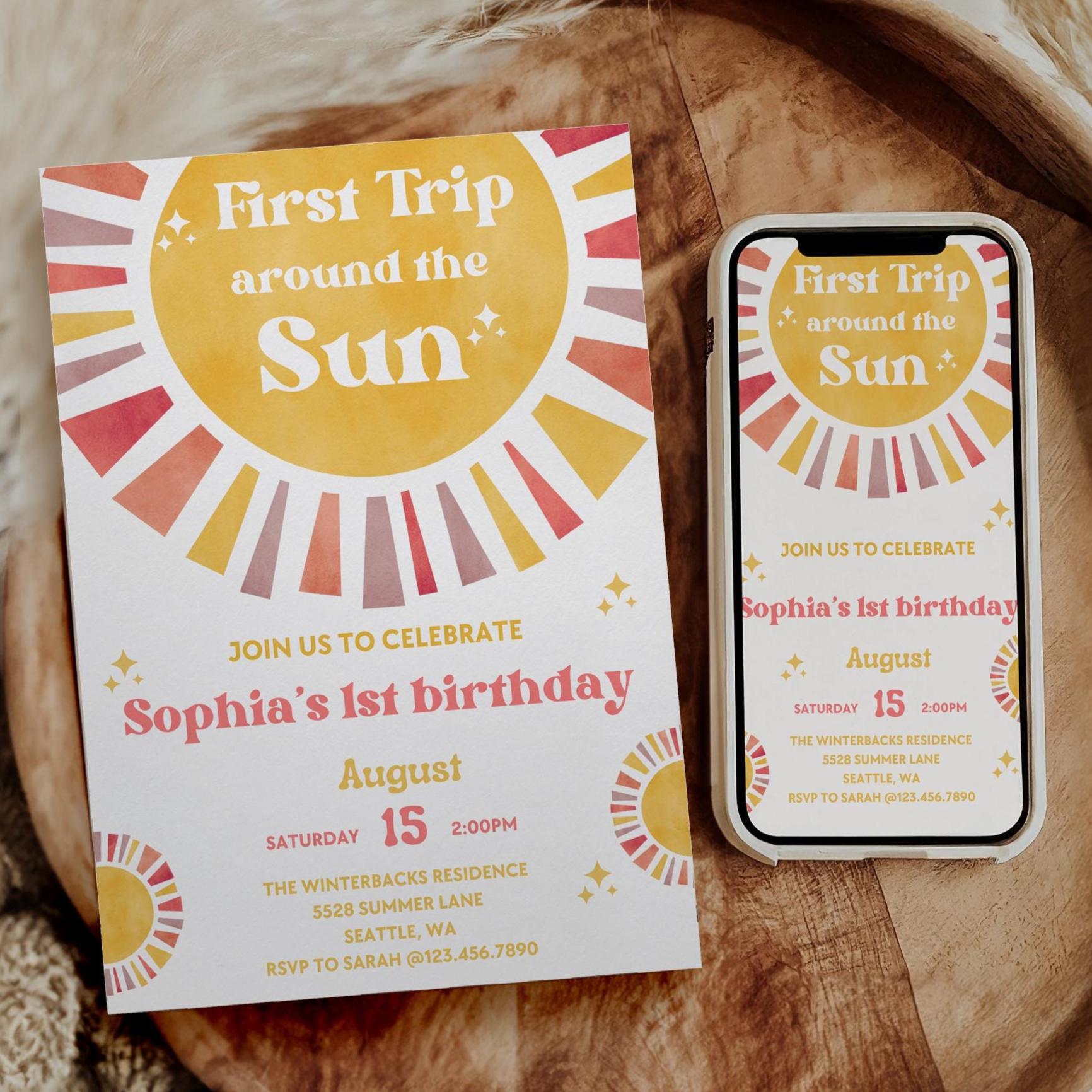 First Trip Around The Sun Birthday Invitation | 1st Birthday Invitation | Boho Theme | 1st Birthday Girl | Editable Template