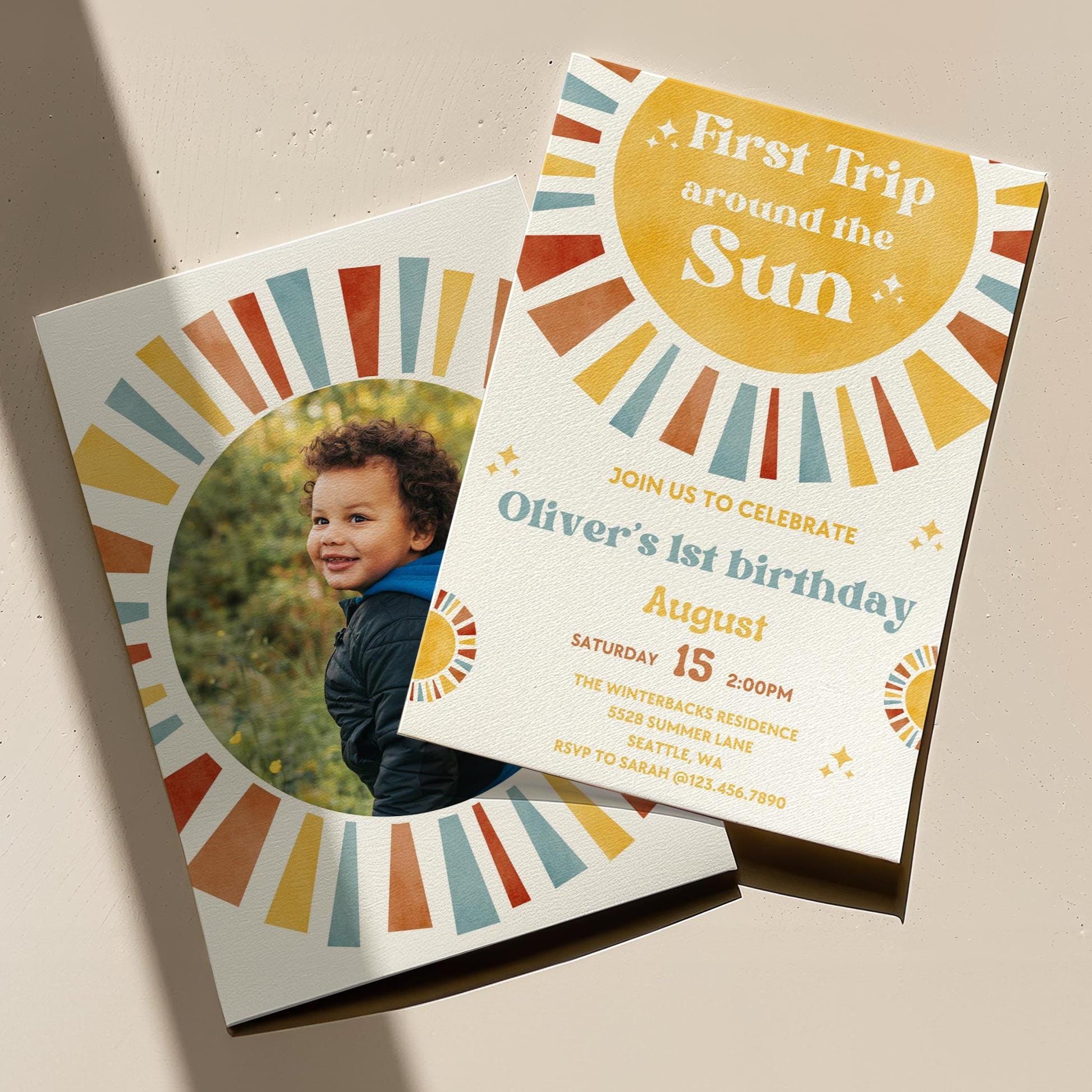 First Trip Around The Sun Birthday Invitation | One Happy Boy Birthday | 1st Birthday | Phone Invite | Editable | 1st Birthday Invitation