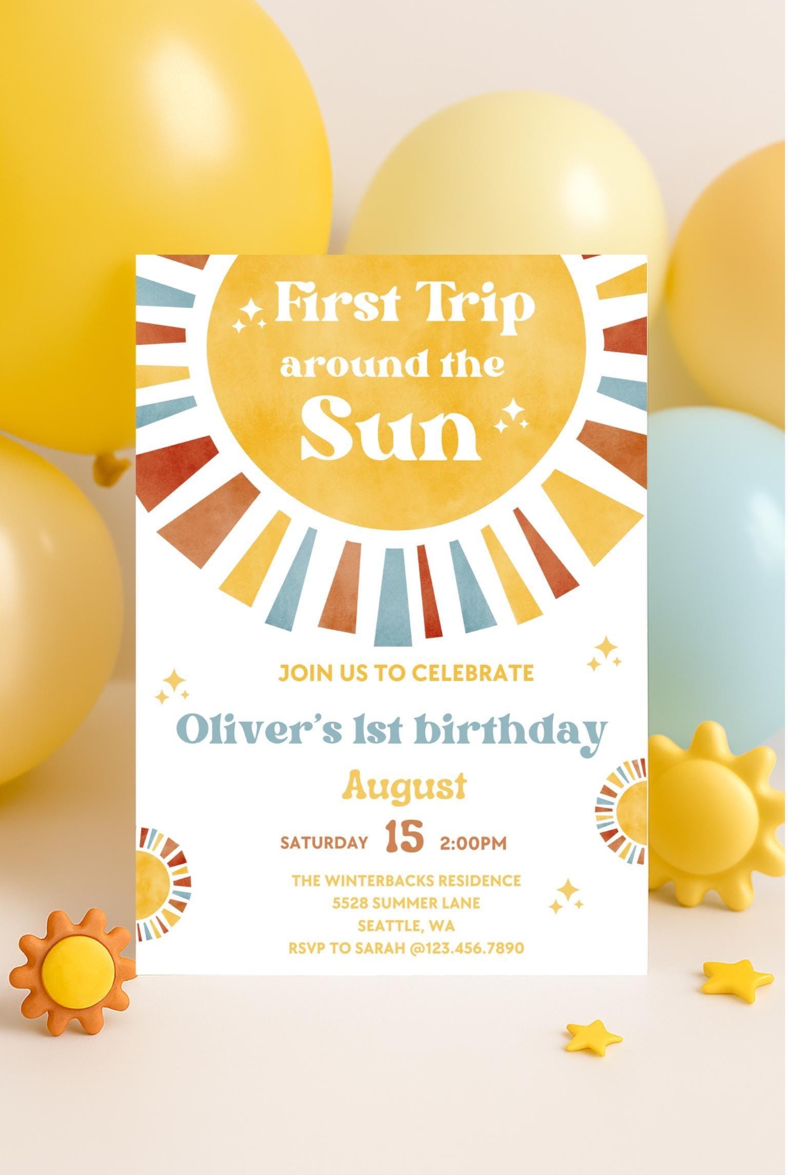 First Trip Around The Sun Birthday Invitation | One Happy Boy Birthday | 1st Birthday | Phone Invite | Editable | 1st Birthday Invitation