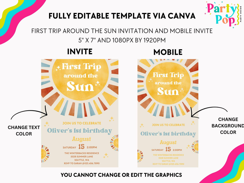 First Trip Around The Sun Birthday Invitation | One Happy Boy Birthday | 1st Birthday | Phone Invite | Editable | 1st Birthday Invitation