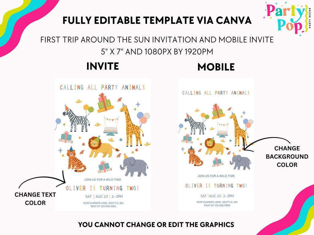 Party Animals Birthday Invitation | Safari Birthday Invitation | First Birthday Invitation | Calling All Party Animals Invite | Editable
