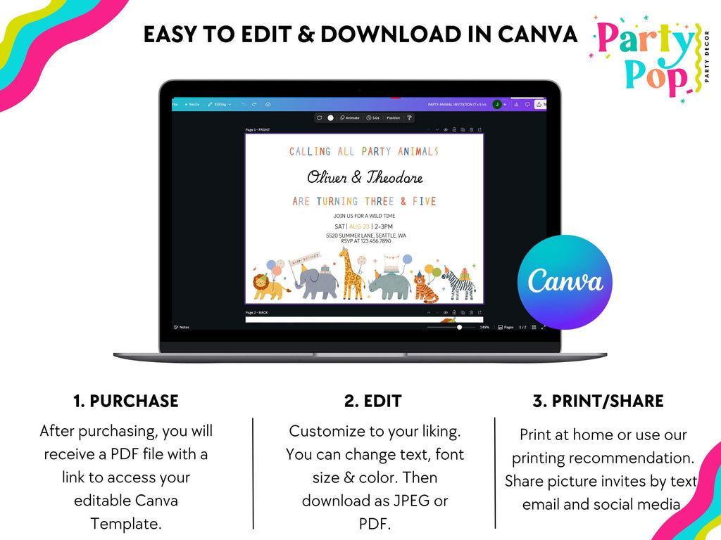 Party Animals Birthday Invitation | Safari Birthday Invitation | Sibling Birthday Invitation | Calling All Party Animals Invite | Editable