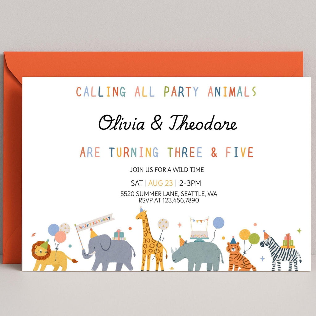 Party Animals Birthday Invitation | Safari Birthday Invitation | Sibling Birthday Invitation | Calling All Party Animals Invite | Editable