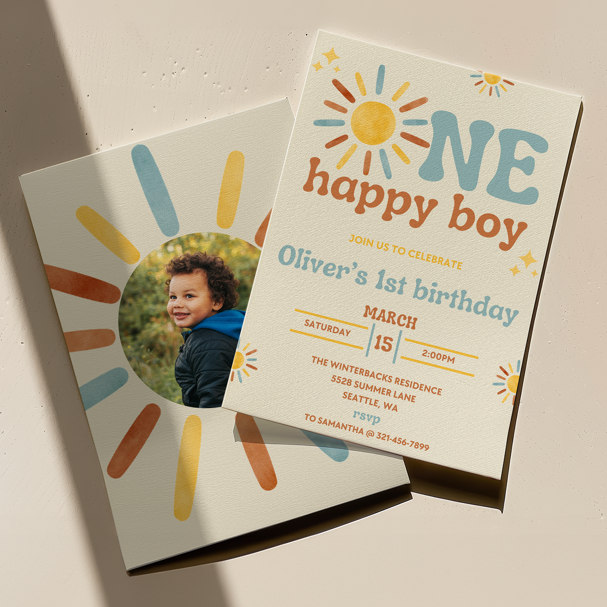 Children's birthday invitation with colorful design and photo of a child