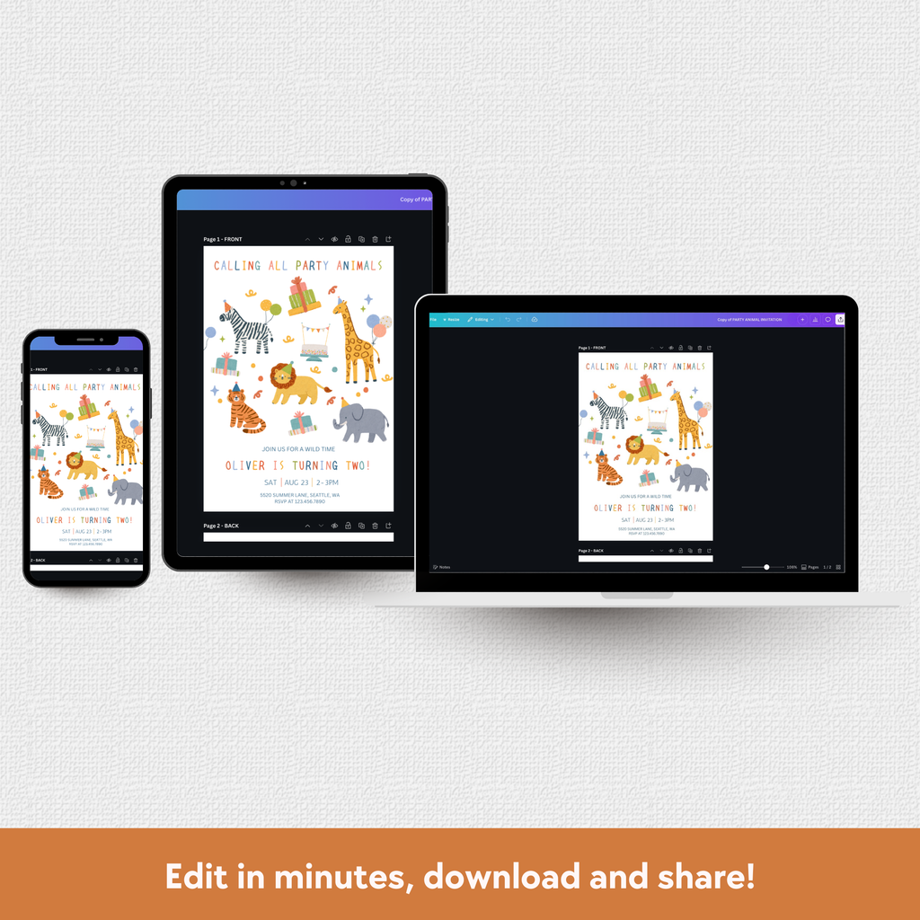 Tablet, smartphone, and computer screen displaying a birthday party invitation with animals on a white background.