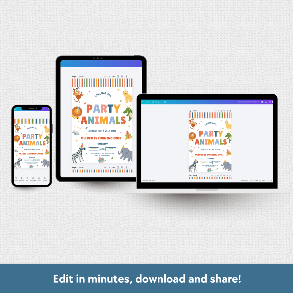 Three digital mockups of a party invitation template displayed on a smartphone, tablet, and laptop against a light gray textured background, with the text 'Edit in minutes, download and share!' at the bottom.