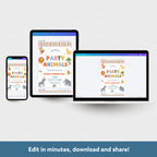Three digital mockups of a party invitation template displayed on a smartphone, tablet, and laptop against a light gray textured background, with the text 'Edit in minutes, download and share!' at the bottom.