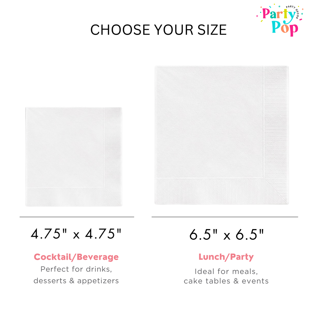 Party Pop product size chart with two square napkins and their respective dimensions and uses.