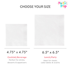 Party Pop product size chart with two square napkins and their respective dimensions and uses.
