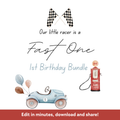 Promotional graphic for a 'Fast One' 1st Birthday Bundle with car, balloons, and gas pump illustrations.