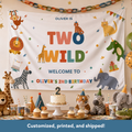 Birthday party setup with a colorful banner, cake, and animal-themed decorations.