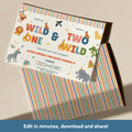 A children's birthday invitation card and matching striped envelope are shown on a warm beige background. The invitation features colorful animal illustrations and the text 'WILD & TWO WILD' with editable event details.