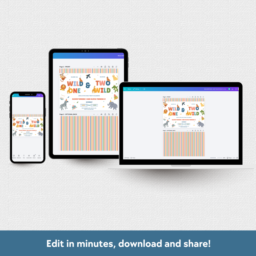 Three digital devices—a smartphone, a tablet, and a laptop—display a colorful printable template with the text 'WILD TWO ONE WILD' and striped animal graphics. The devices are arranged on a light gray textured background with a blue banner at the bottom reading 'Edit in minutes, download and share!'.