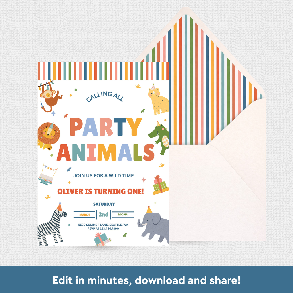A colorful animal-themed party invitation card with an open striped envelope behind it, shown on a light textured background. The invitation features playful text reading 'PARTY ANIMALS' with cartoon animals including a zebra, lion, monkey, giraffe, elephant, and frog.