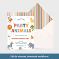 A colorful animal-themed party invitation card with an open striped envelope behind it, shown on a light textured background. The invitation features playful text reading 'PARTY ANIMALS' with cartoon animals including a zebra, lion, monkey, giraffe, elephant, and frog.