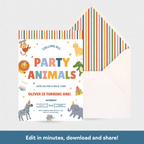 A colorful animal-themed party invitation card with an open striped envelope behind it, shown on a light textured background. The invitation features playful text reading 'PARTY ANIMALS' with cartoon animals including a zebra, lion, monkey, giraffe, elephant, and frog.