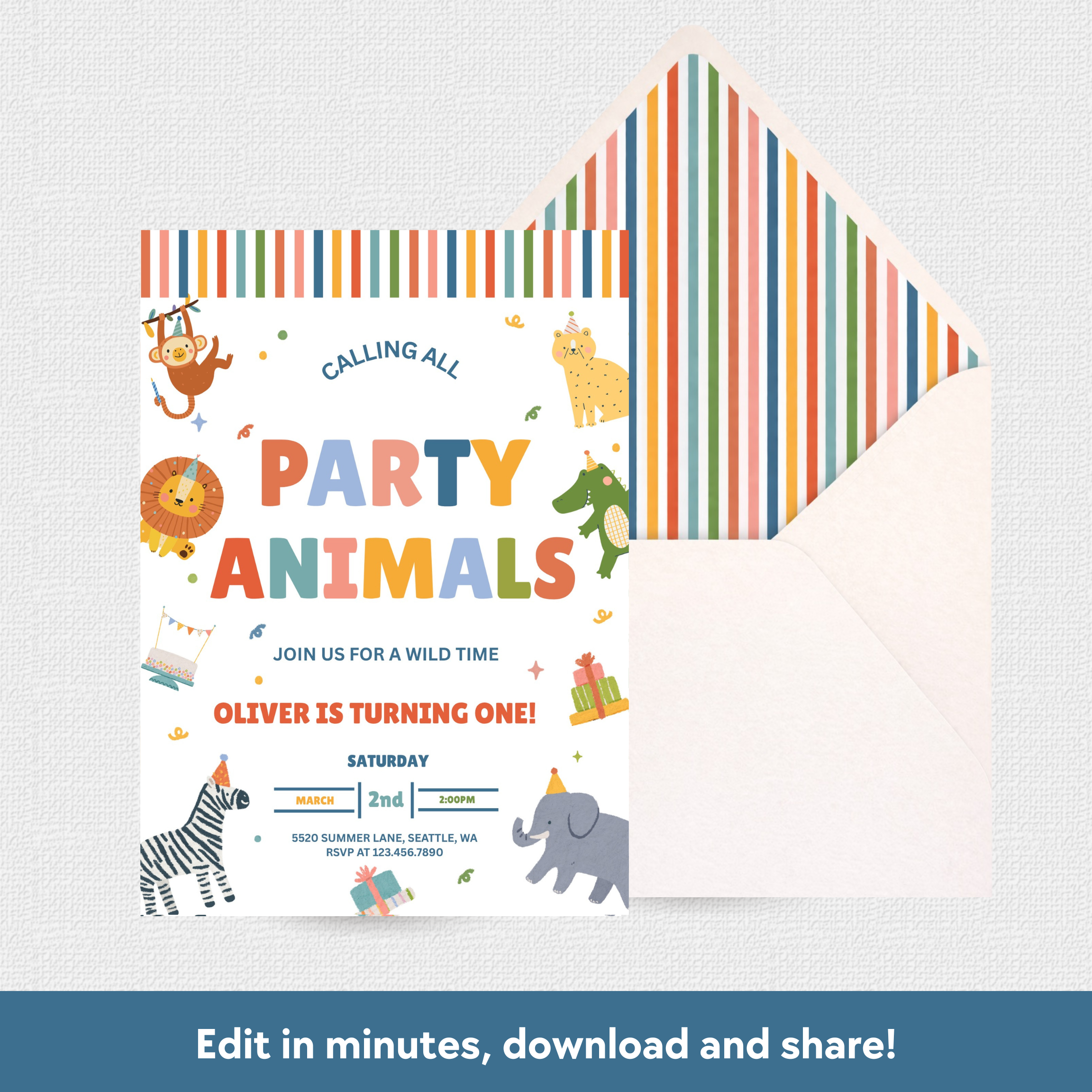 A colorful animal-themed party invitation card with an open striped envelope behind it, shown on a light textured background. The invitation features playful text reading 'PARTY ANIMALS' with cartoon animals including a zebra, lion, monkey, giraffe, elephant, and frog.