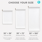 White gift wrap rolls with size options on a white background